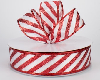 Red Christmas Ribbon- Candy Cane Ribbon - Christmas Ribbon - Wire Ribbon - Red and White Ribbon- Floral Ribbon