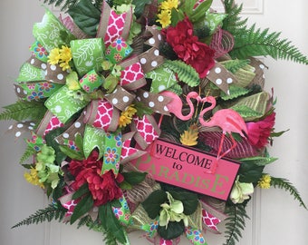 Spring Wreath- Summer Wreath- Front Door Wreaths- Deco Mesh Wreath-  Flamingo Wreath