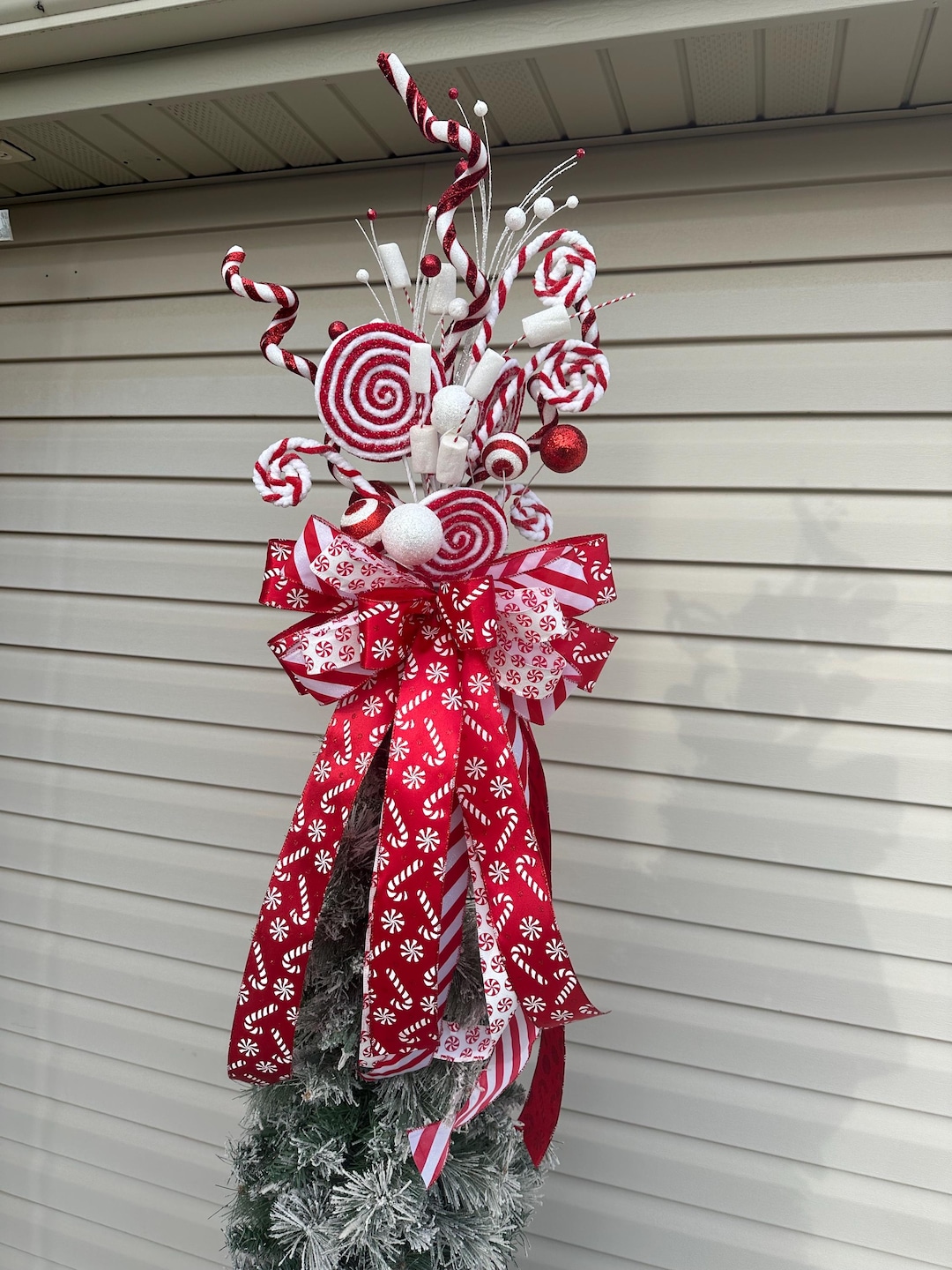Candy Cane Christmas Tree Topper – Red & White Peppermint Bow ...