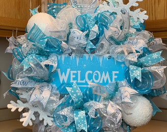 Hello Winter Snowflake Door Sign - Blue Christmas Wreath, 12 Inch Wooden Door Hanger For Winter & Holiday Decor