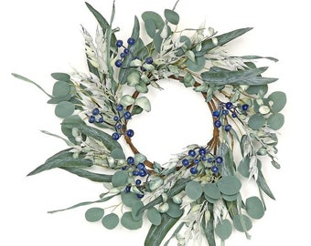 Eucalyptus, Blueberry Table Wreath, 6.5", Mini Wreath, Farmhouse Wreath, Everyday Small Cabinet Wreath, Spring Wreath, Summer Wreath