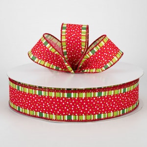 Red Christmas Ribbon- Polka Dot Ribbon - Christmas Ribbon - Wire Ribbon - Red and Green Ribbon- Floral Ribbon