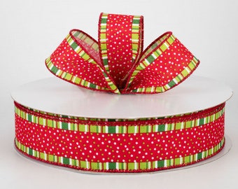 Rotes Weihnachtsband- Polka Dot Band - Weihnachtsband - Drahtband - Rotes und Grünes Band- Blumenband