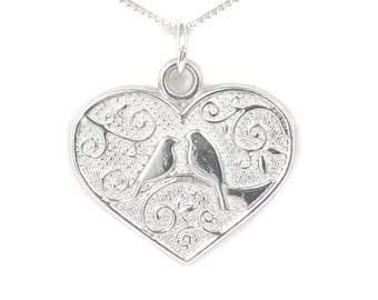 Modern Locket with VeScribe Digital Album Key engraved on Back of Pendant -Sterling Silver Scroll Heart and Love Birds Necklace Made in USA
