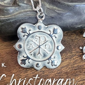 Christogram Chi Rho Quatrefoil Cross Necklace Sterling Silver -Gift Boxed with Story Card-Crossed Greek Letters meaning Christ & Alpha Omega