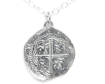 Bright Finish Pieces of Eight Coin Necklace Pewter Replica of New Spanish Coin-Shiny Finish - Cast of Pirates of Penzance Peter Pan Pirates