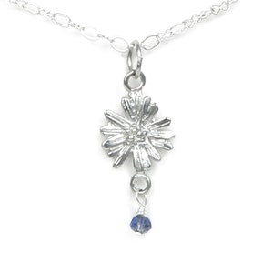 September Birthday Aster Flower Necklace w/ Sapphire Birthstone Colored Crystal - September Birthday | Wedding -Handcraft Pewter Made in USA