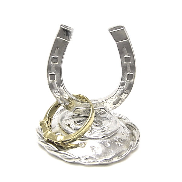 Lucky Horseshoe Ring Holder Tiny Ring Stand -Gift Boxed with Good Luck Story Card -Handcrafted Pewter Made in USA-Cowboy Cowgirl Equestrian
