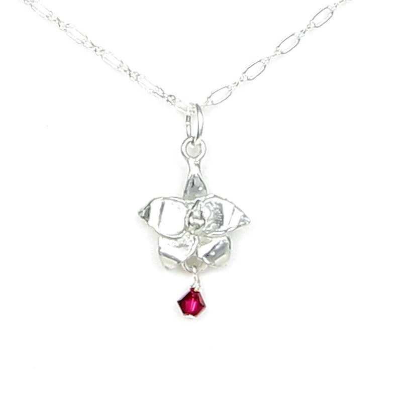 Gift Packaged for Birthday Wedding Handcrafted Pewter Made in USA July Flower Larkspur Necklace with Ruby Red Birthstone Colored Crystal