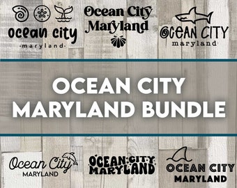 May include: A digital download bundle of six Ocean City Maryland designs. The designs feature various text and graphic elements, including a seashell, a whale tail, a dolphin, and a shark. The text includes "Ocean City Maryland" and "Ocean City."