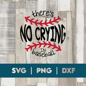 May include: A red baseball graphic with white stitching and the text "there's no crying in baseball" in black.