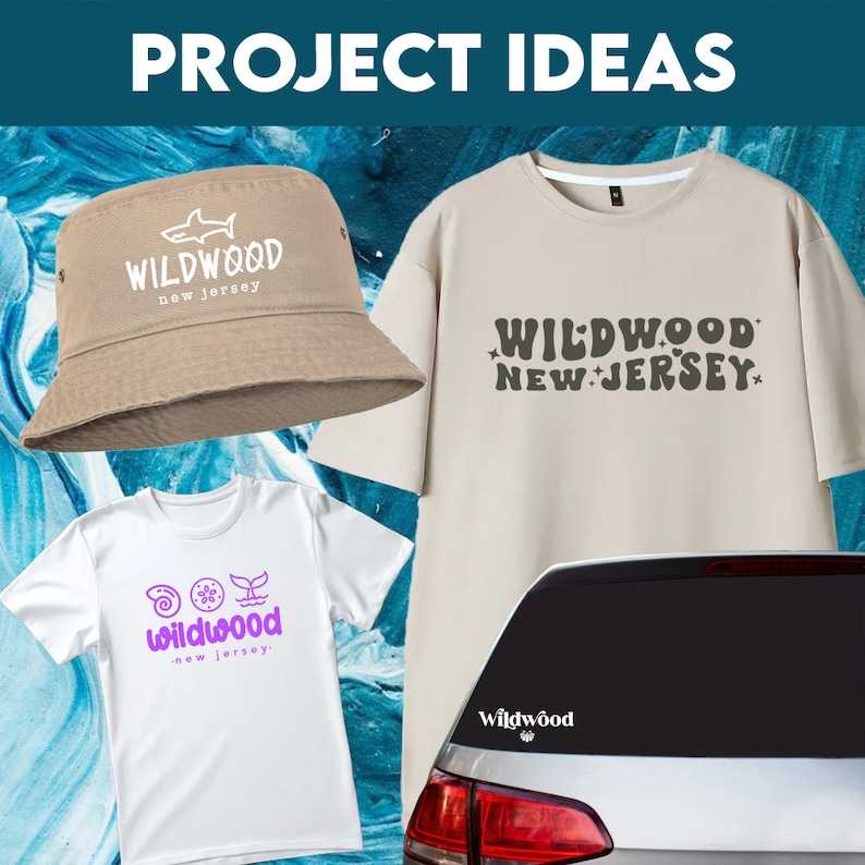 May include: A collection of Wildwood, New Jersey themed apparel and accessories.  A beige bucket hat with a shark graphic and the text "Wildwood New Jersey", a beige t-shirt with the text "Wildwood New Jersey" in a retro font, a white t-shirt with a purple seashell, starfish, and whale tail graphic and the text "Wildwood New Jersey", and a silver car with a black rear window sticker that says "Wildwood".