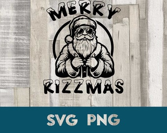 May include: Black and white illustration of Santa Claus wearing sunglasses and a Santa hat. The text "Merry Kizzmas" is above Santa and the text "SVG PNG" is below Santa.