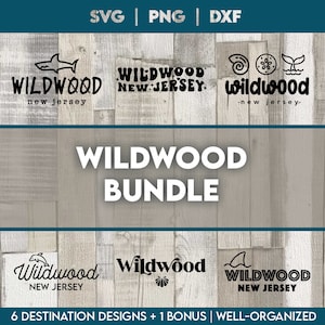 May include: A digital download bundle of six different graphic designs featuring the text "Wildwood, New Jersey". The designs include a shark, a dolphin, a seashell, a starfish, and a whale tail. The text "Wildwood Bundle" is displayed in large letters above the designs.