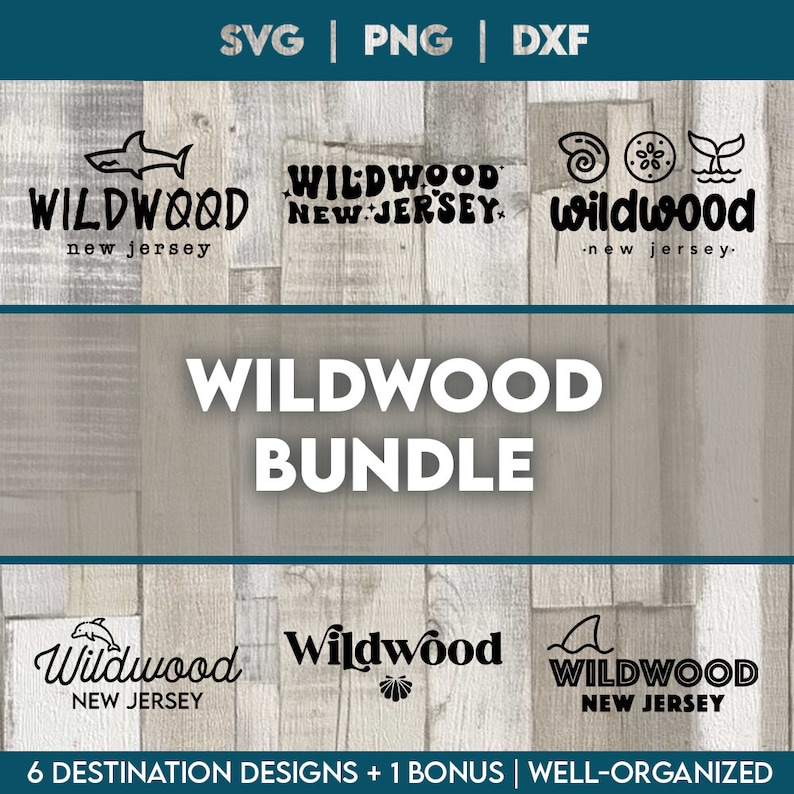 May include: A digital download bundle of six different graphic designs featuring the text "Wildwood, New Jersey". The designs include a shark, a dolphin, a seashell, a starfish, and a whale tail. The text "Wildwood Bundle" is displayed in large letters above the designs.