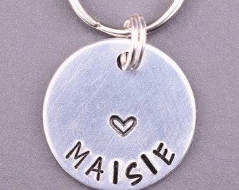 Small Pet Id Tag for Dogs and Cats, Heart Pet Name Tag, Hand Stamped Metal Dog Tag, Personalized Cat Collar Tag with Name and Phone Number