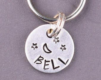 Tiny Cat Tag with a Crescent Moon and Stars, Custom Dog Tags for Dogs, Cat Collar Tag, Moon Cat Name Tag, Tiny Dog Name Tag, Kitten Tag