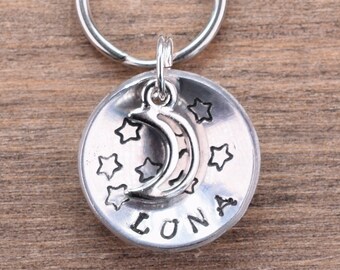 Small Moon and Stars Dog Tag for Dogs and Cats, Unique Galaxy Cat Tag for Collar, Luna Dog Name Tags, Kitten Tag, Hand Stamped 3D Pet Tag