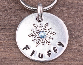 Snowflake Dog Tag, Snow Pet Id Tag, Winter Dog Tags for Dogs, Blue Snowflake Cat Tags, Cat Id Tag, Personalized Kitten Tag, Hand Stamped Tag