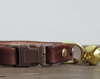Leather Cat Collar - Adjustable Brown Leather Cat Collars - Safety Cat Collar Breakaway - Cat Collar with Bell