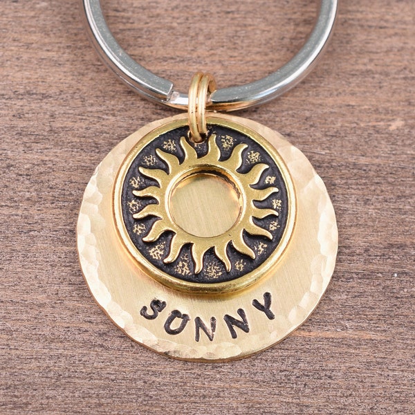 Personalized Dog ID Tag with a Sun Charm - Custom Dog Tag - Custom Cat Tag - Sun Pet ID Tag - Bridle Tag - Red Brass - Hand Stamped NuGold