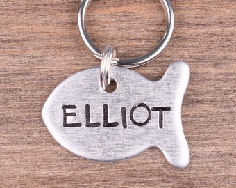 Cat Id Tag - Fish Cat Tags - Small Dog Tags for Dogs - Custom Cat Tag - Personalized Pet Id Tag - Fish Kitten Tag - Hand Stamped Aluminum