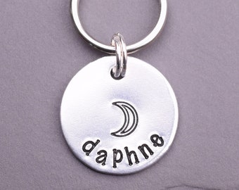 Small Crescent Moon Dog Tag, Custom Pet Id Tag for Dogs and Cats, Pet Name Tag, Hand Stamped Metal Dog Tag, Personalized Cat Collar Tag