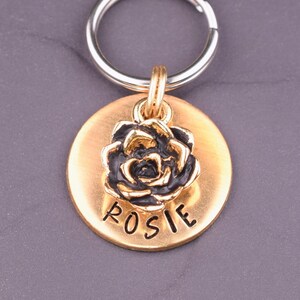 Small Dog Tag with a Rose Charm, Custom Flower Cat Name Tag, Gold Dog Tag Personalized with Name and Phone Number, Rosie Dog Tags for Dogs