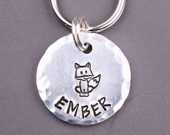 Small Fox Pet Id Tag for Dogs and Cats, Hand Stamped Forest Fox Dog Tags for Dogs with Name and Number, Fox Cat Name Tags