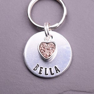 Small Pet Tag with a Bronze Sparkle Druzy Heart Charm, Custom Small Dog Tags for Dogs, Personalized Cat Collar Tag, Pretty Kitten Name Tag