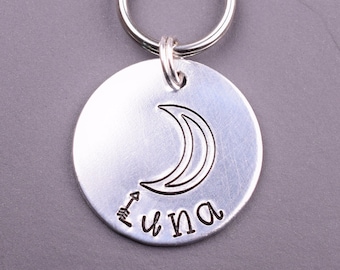 Crescent Moon Dog Tag Personalized with Your Pet's Name and Phone Number, Unique Hand Stamped Dog Id Tag, Custom Dog Tags for Dogs