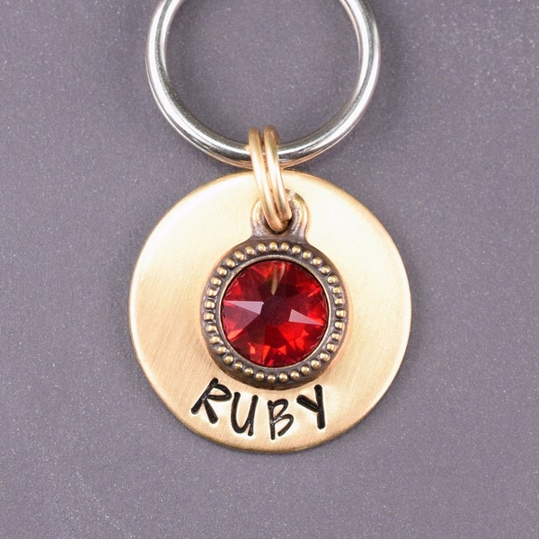 Red Crystal Dog Tag, Small Dog Id Tag, Fancy Crystal Cat Tag, Custom Dog Tags for Dogs, Unique Dog Id Tag, Hand Stamped Pet Id Tag Ruby