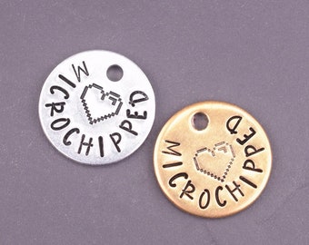 Microchip Dog Tag, Microchipped Tag, Hand Stamped Pixel Heart Micro Chipped Collar Charm for Dogs and Cats