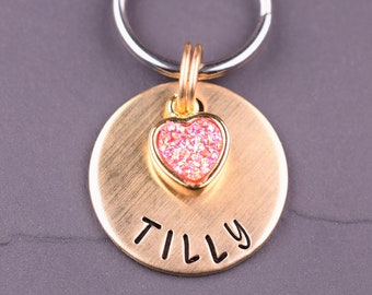 Small Dog Tag with a Pink Sparkle Druzy Heart Charm, Custom Heart Dog Tags for Dogs, Personalized Cat Name Tag, Cat Collar Tag, Kitten Tag