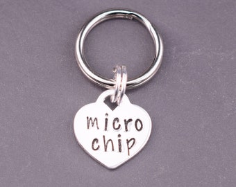 Tiny Microchip Dog Tag, Microchipped Tag, Hand Stamped Heart, Micro Chipped Collar Charm, Microchipped Cat Tag