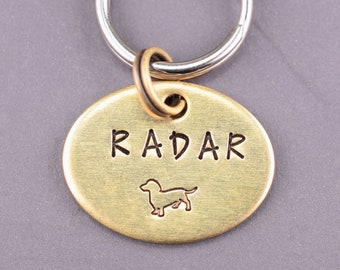 Small Dachshund Dog Tag, Cute Oval Dachshund Dog Name Tag, Dachshund Lover Dog Id Tag, Hand Stamped Pet Tag