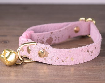 Super Soft Pink and Gold Splash Leather Cat Collar, Safety Cat Collar with Bell and Breakaway Quick Release Buckle, Pretty Kitten Collar