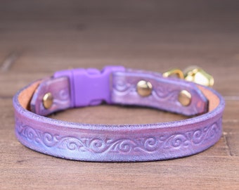 Leather Cat Collar, Floral Cat Collar with Bell, Handmade Vines Cat Collar Breakaway, Pretty Purple Cat Collar