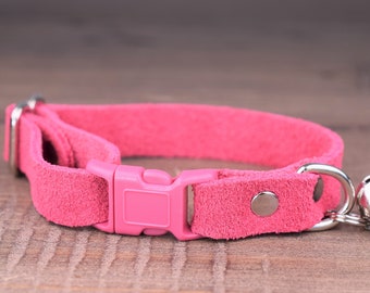 Soft Leather Cat Collar, Pink Suede Cat Collars, Breakaway Cat Collar with Bell, Kitty Collar, Handmade Leather Cat Collars
