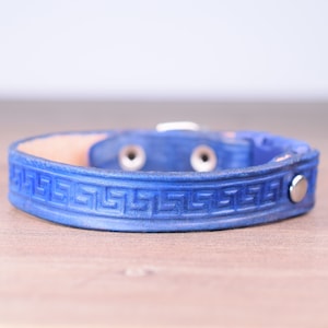 Peut inclure: Un collier de chien en cuir bleu avec un motif de clé grecque et des accents en métal argenté.