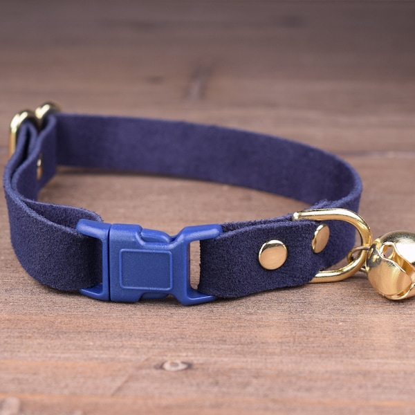 Midnight Blue Soft Leather Cat Collar, Soft Suede Cat Collar, Safety Breakaway Cat Collar with Bell, Soft Cat Collars, Kitten Collar