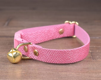 Pink Leather Cat Collar, Metallic Italian Leather Collar for Cats, Breakaway Cat Collar with Bell and Quick Release Buckle, Gift for Cat
