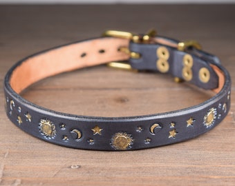 Handmade Celestial Leather Dog Collar with Suns Moons and Stars, Unique Collar for Dogs Handcrafted from Real Leather with Brass Hardware