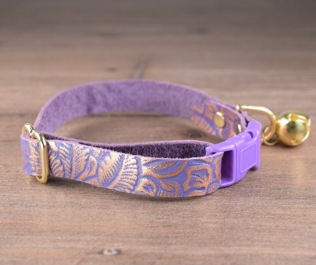 Leather Cat Collar, Floral Purple and Rose Gold Leather Collar for Cats