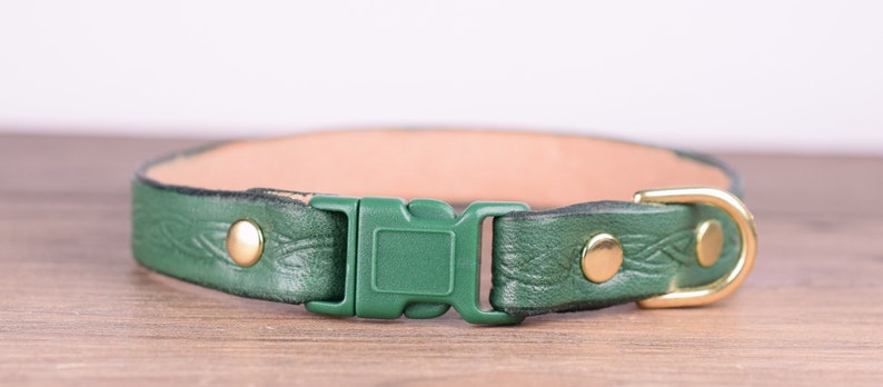 May include: Green leather dog collar with a woven pattern. It has a green plastic buckle, gold-coloured rivets, and a gold-coloured D-ring. The inside of the collar is light tan.