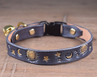 Celestial Leather Cat Collar with Suns Moons and Stars, Unique Handcrafted Breakaway Cat Collar, Handpainted Space Cat Collar with Bell