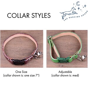 May include: Two dog collars are displayed. One is a one-size collar, about 18 cm, in reddish-brown with a black buckle and a silver bell. The other is an adjustable green collar with a silver bell.