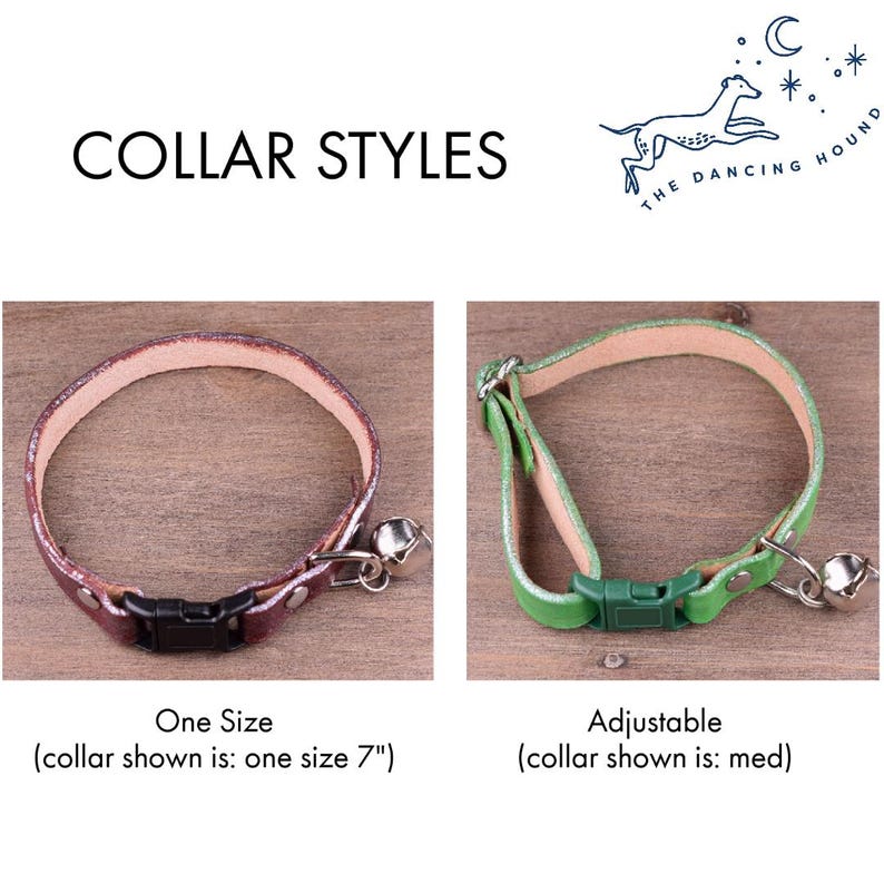 May include: Two dog collars are displayed. One is a one-size collar, about 18 cm, in reddish-brown with a black buckle and a silver bell. The other is an adjustable green collar with a silver bell.