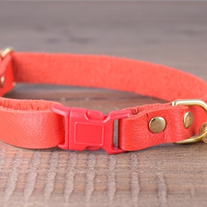 May include: A bright red leather cat collar with a red plastic buckle and a gold bell.