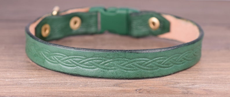 May include: A green leather dog collar featuring a Celtic knot pattern. The collar has a buckle fastening and brass-coloured rivets. The inside of the collar is a lighter tan colour.